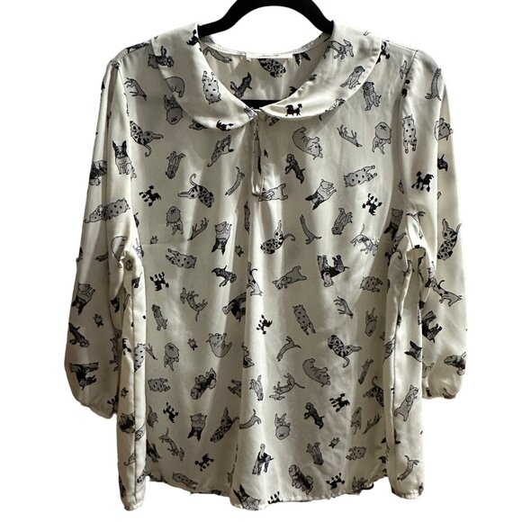 Jessy B size L cream with puppy print Peter Pan collar 3/4 sleeve blouse - Picture 1 of 7